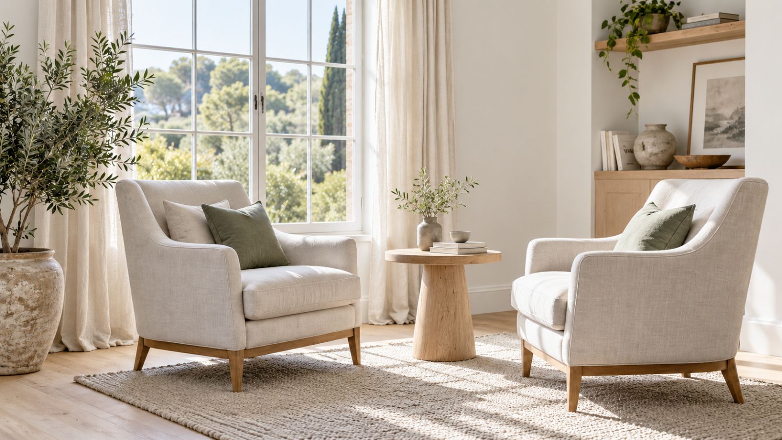 Two linen armchairs facing each other beside a window.