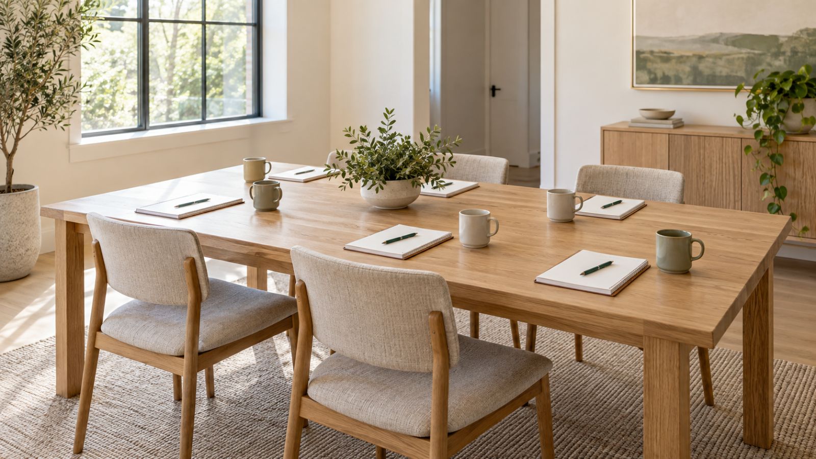 A table set for a small group, with a notebook, a pen and a mug at each place.