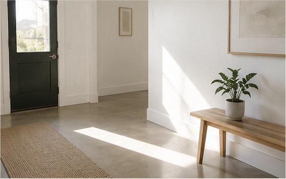 An entryway with morning light across the floor and an open interior beyond.