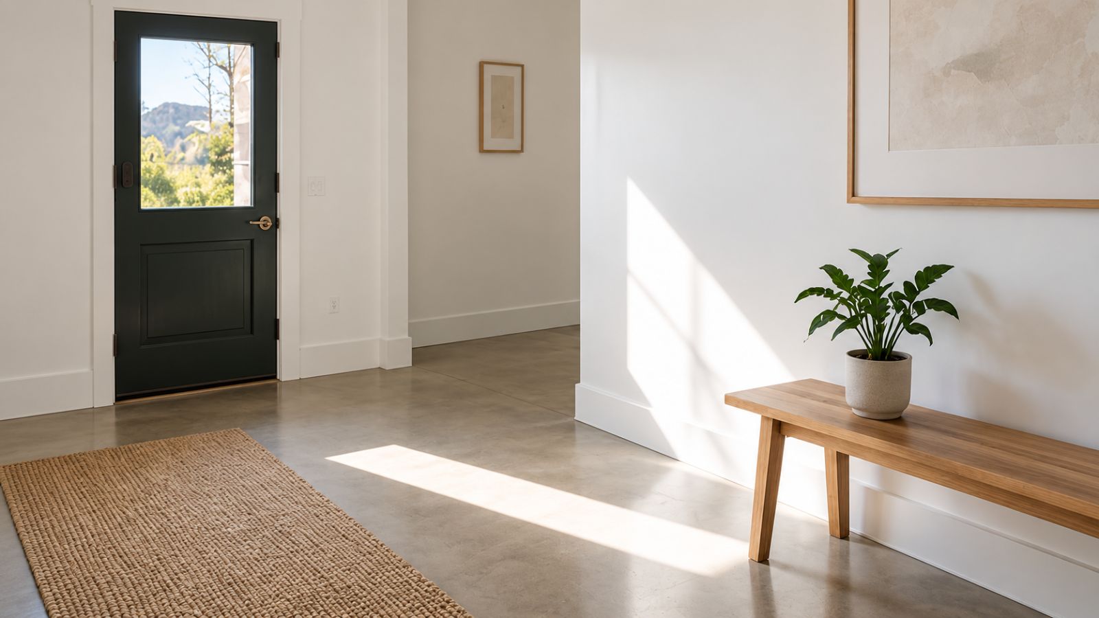 A hallway with a dark front door, a wooden bench and morning light across the floor.