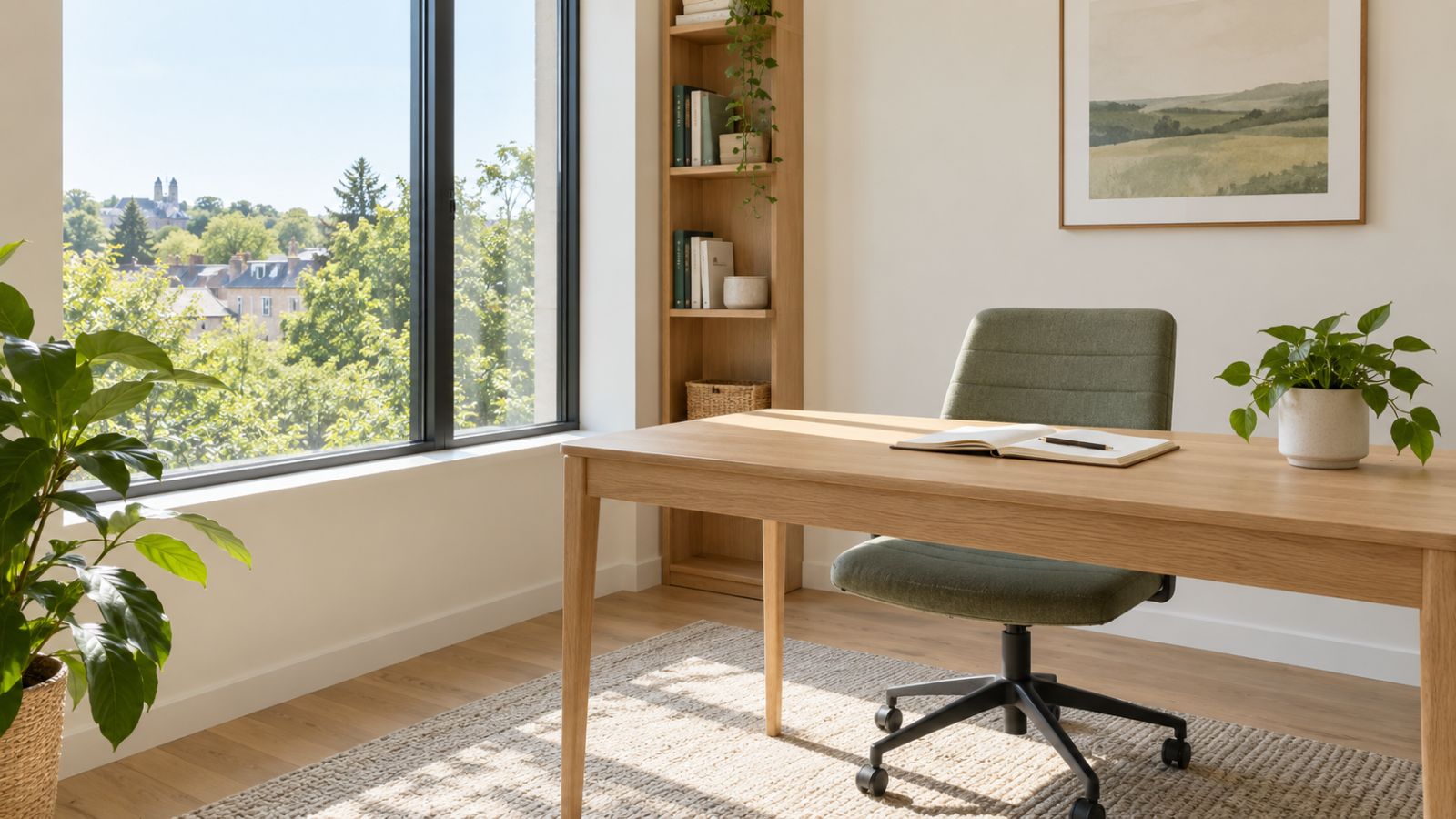 A bright home office with an oak desk, an open notebook and a window onto trees.