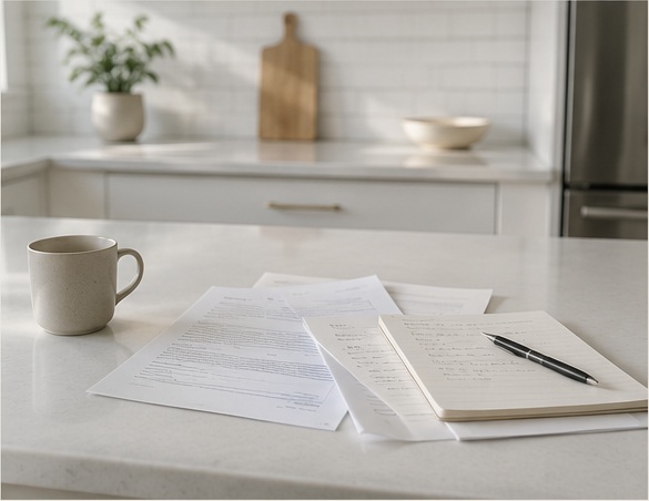 Paperwork and an open notebook on a kitchen counter beside a cup of coffee.
