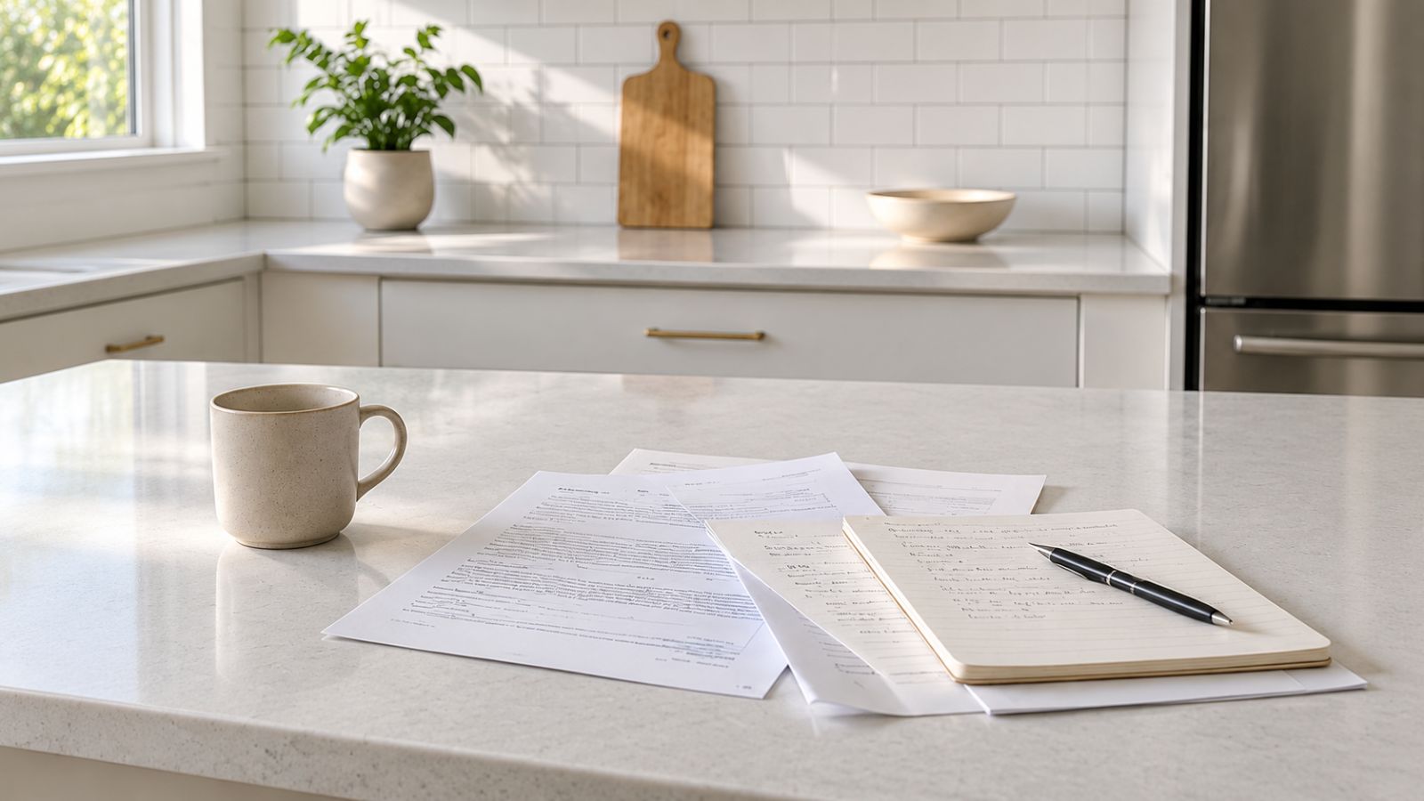 Paperwork and an open notebook on a kitchen counter beside a cup of coffee.
