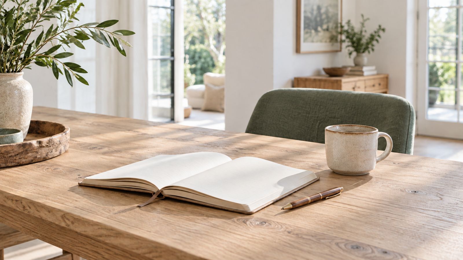 An open notebook, a pen and a mug on an oak table in a bright room.
