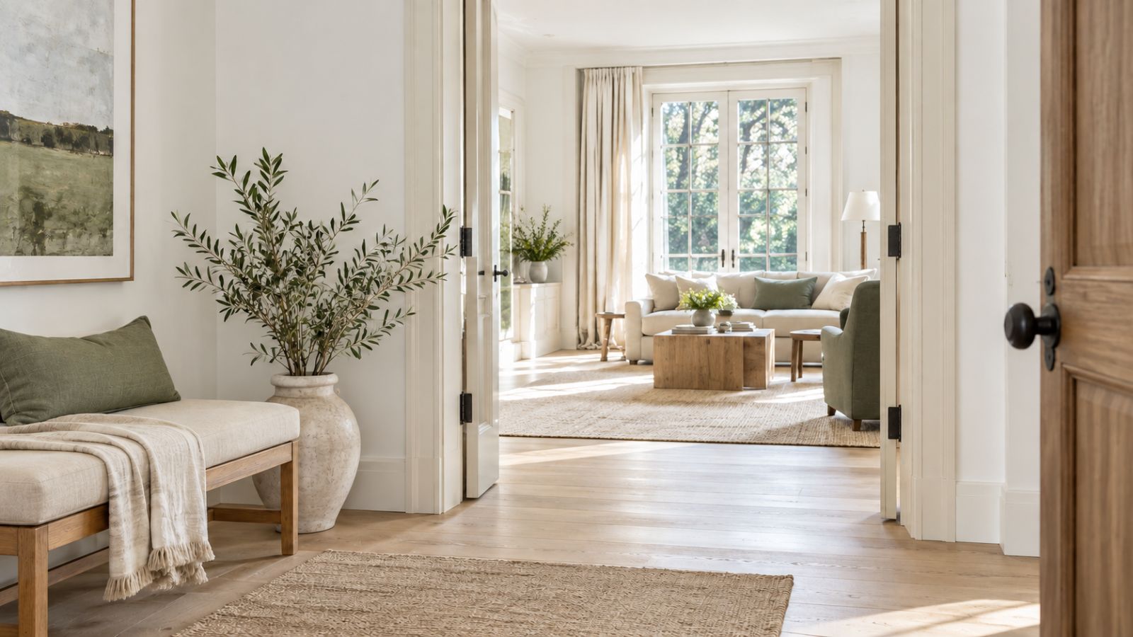 An entryway with a bench and olive branches, opening through double doors into a bright living room.