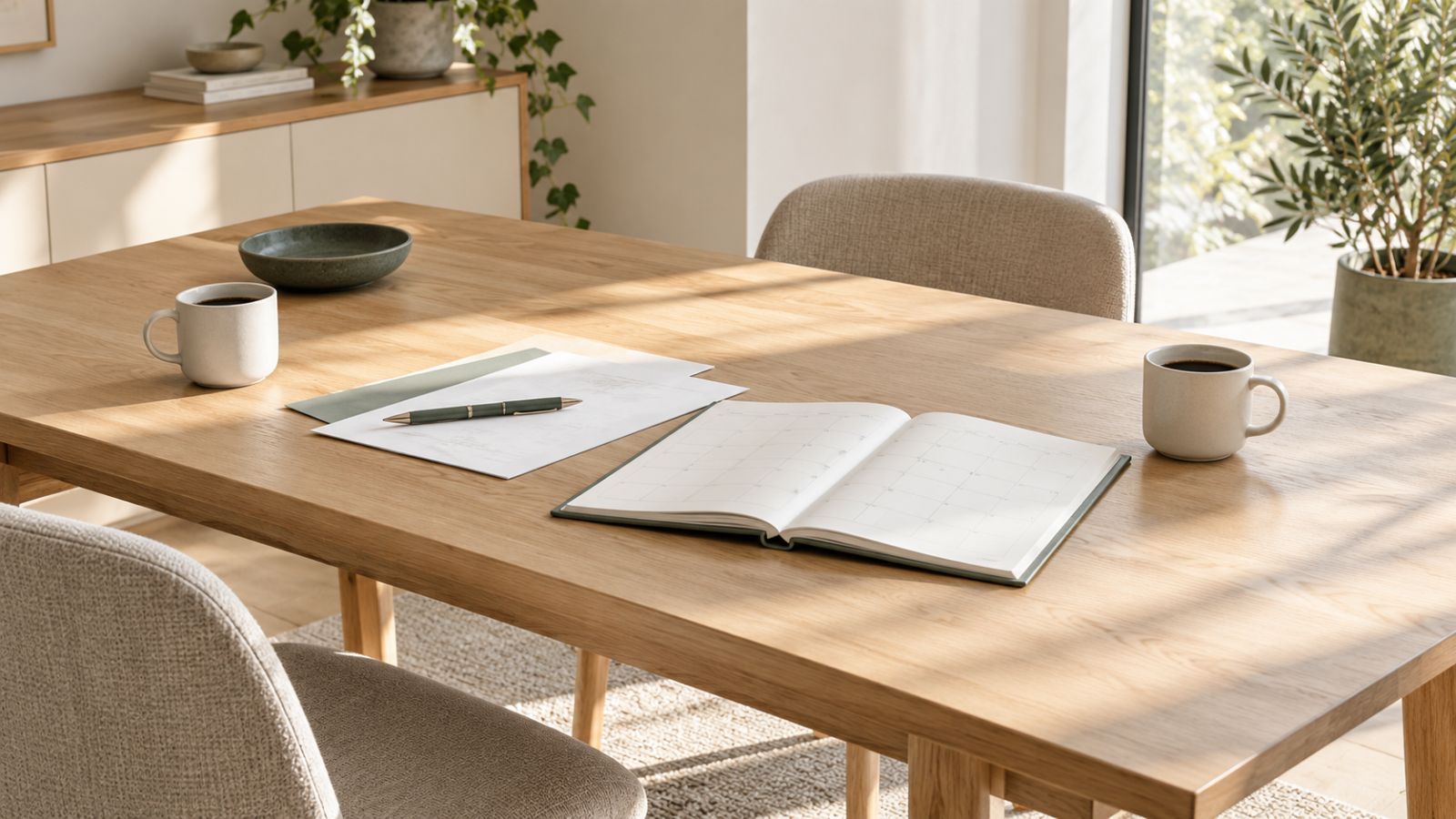 Two coffee cups, an open planner and papers on a sunlit oak table.