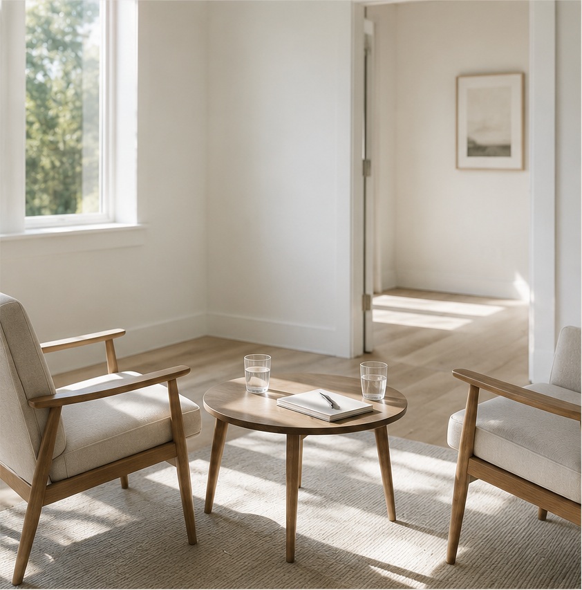 Two armchairs facing a low table with a notebook and two glasses of water, in a bright room.