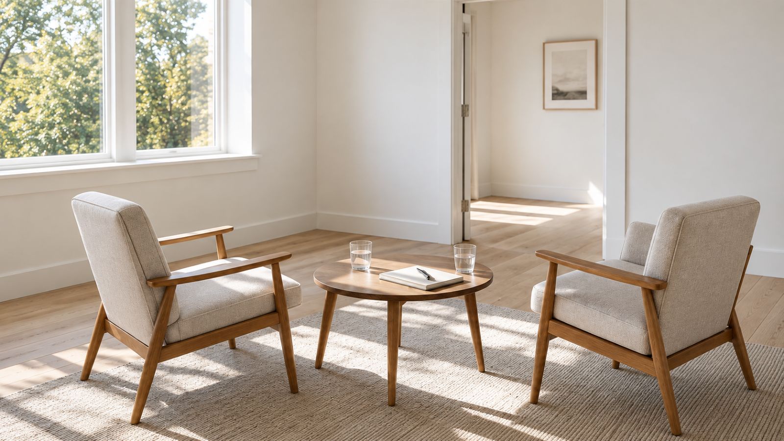 Two armchairs facing a low table with a notebook and two glasses of water, in a bright room.