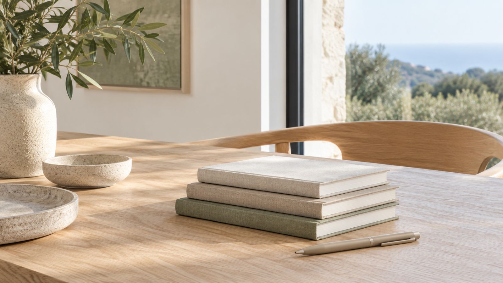 A stack of three cloth-bound books and a pen on an oak table.